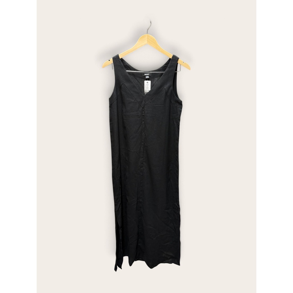 DKNY Womens Black Linen Blend V-Neck Sleeveless Midi Dress XS NWT P61C8FZK